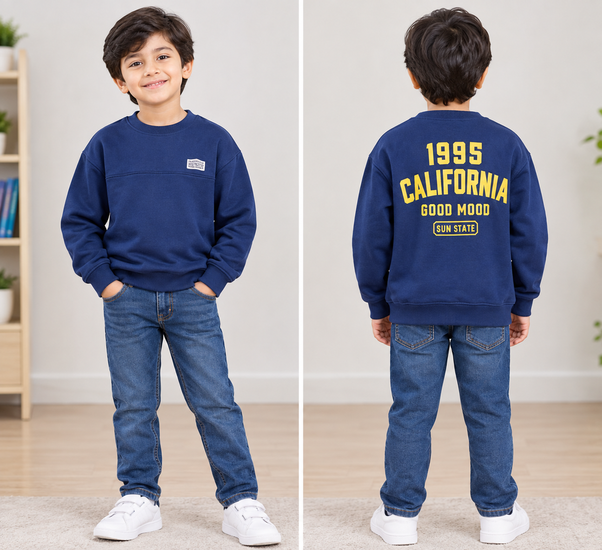 Kids Navy Blue Printed Sweatshirt – 1995 California Good Mood | Boys Casual Crew Neck