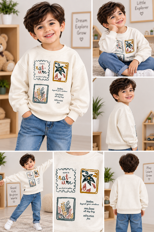 Boys Cream Graphic Sweatshirt – Nature Art Print | Kids Crew Neck Pullover