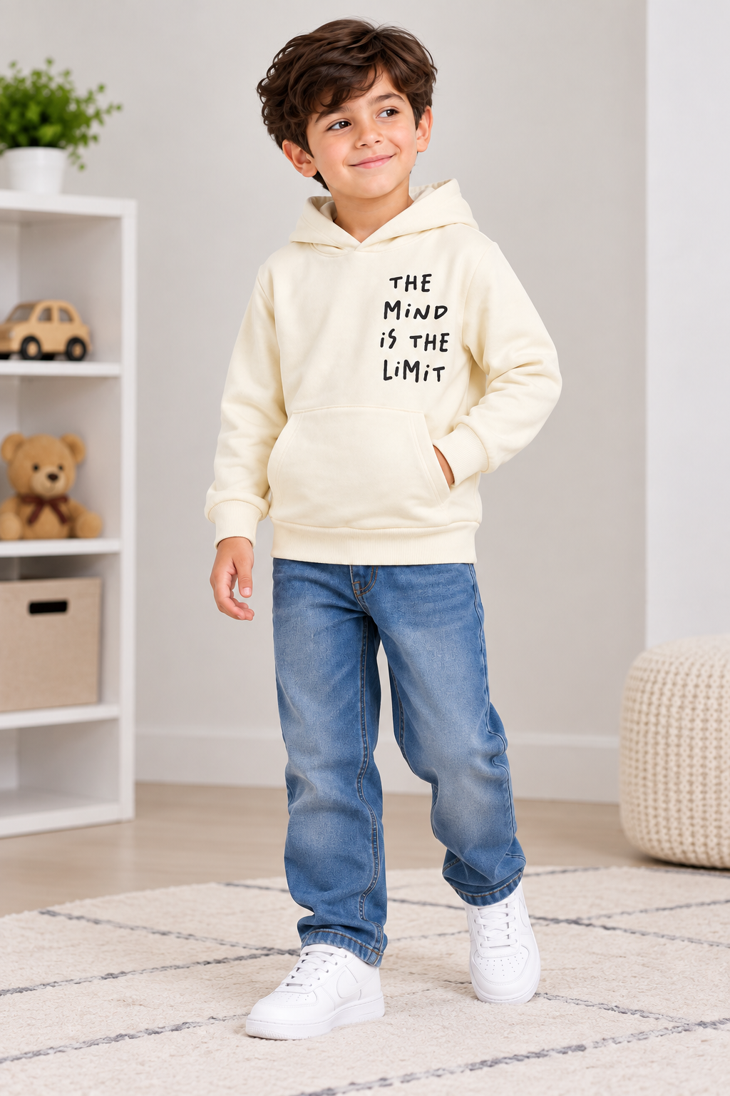 Kids Cream Printed Hoodie – “The Mind Is the Limit” | Boys Casual Pullover Sweatshirt
