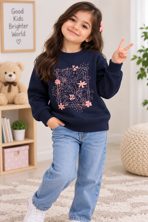 Girls Navy Blue Printed Sweatshirt – Floral Love Design | Kids Crew Neck Pullover