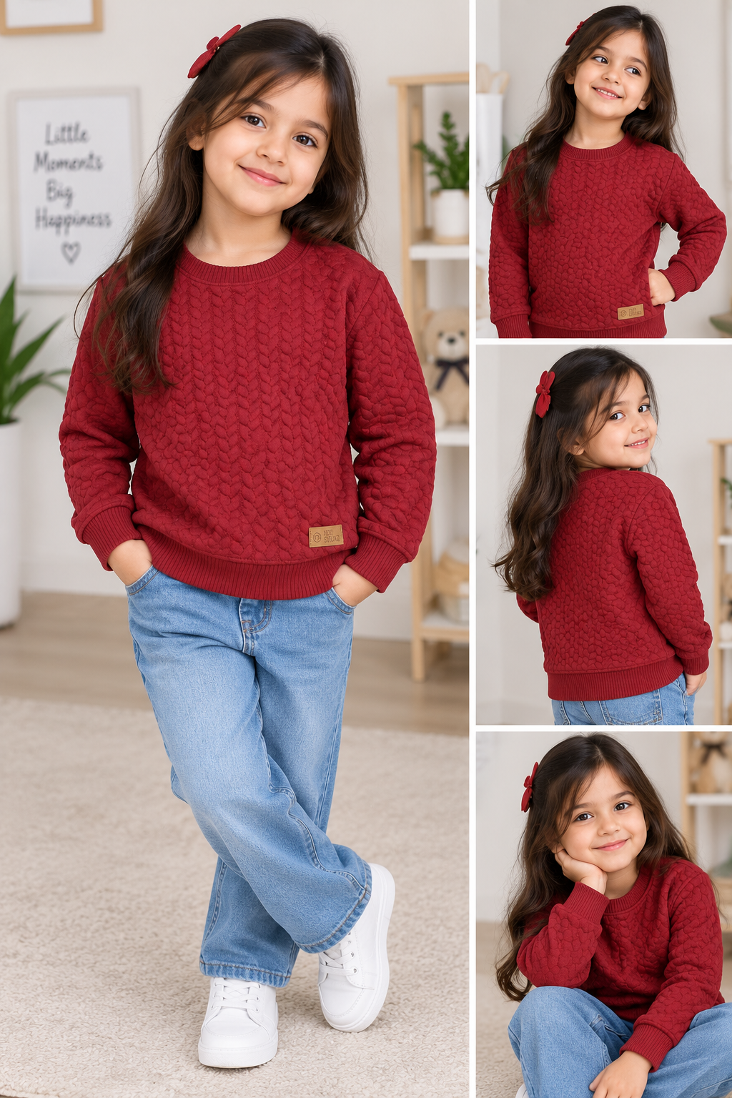 Girls Maroon Quilted Sweatshirt – Full Sleeve Crew Neck | Kids Winter Pullover