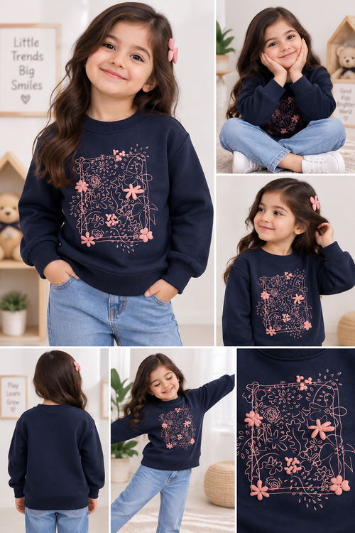 Girls Navy Blue Printed Sweatshirt – Floral Love Design | Kids Crew Neck Pullover