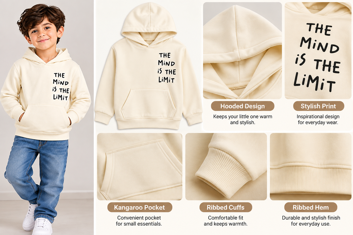 Kids Cream Printed Hoodie – “The Mind Is the Limit” | Boys Casual Pullover Sweatshirt