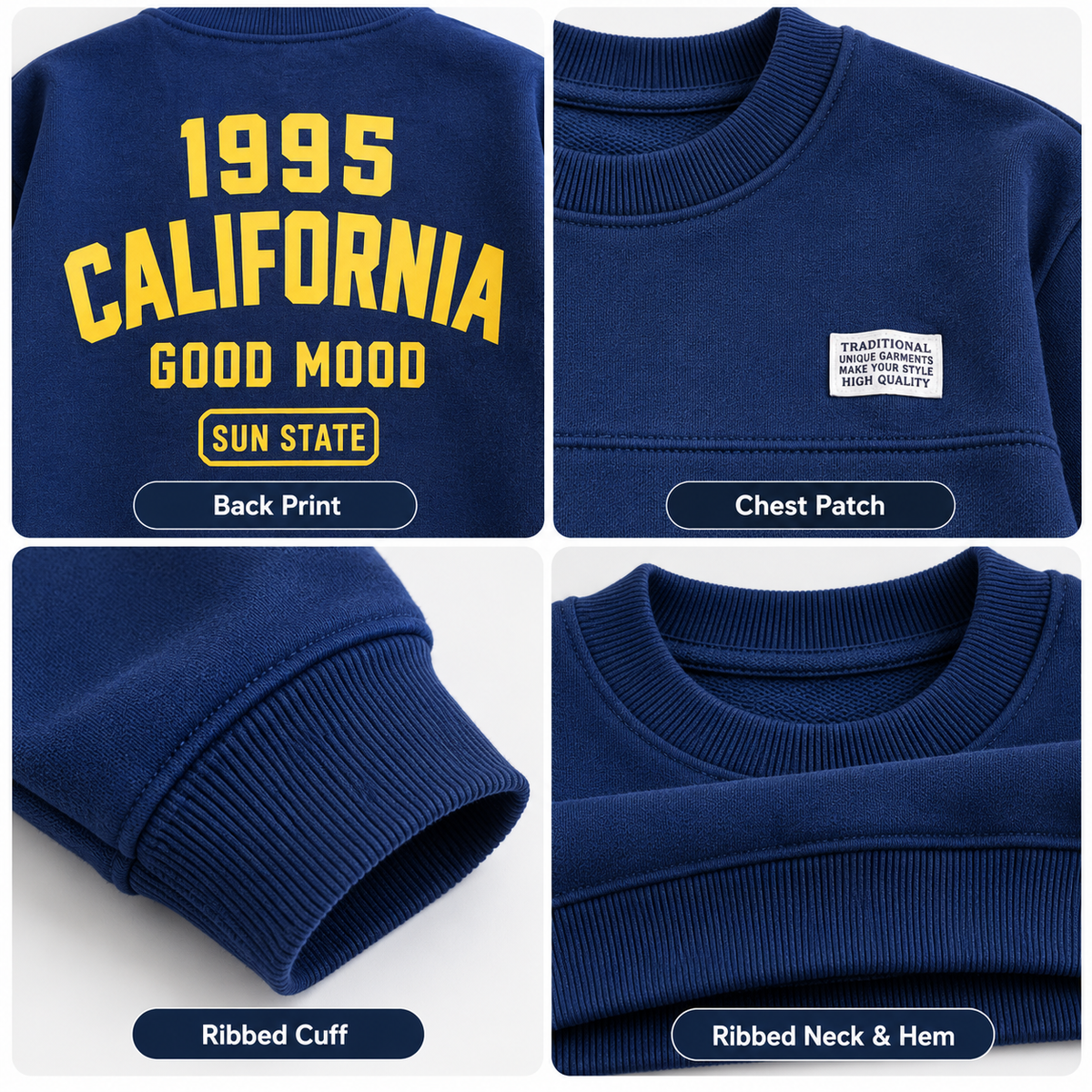 Kids Navy Blue Printed Sweatshirt – 1995 California Good Mood | Boys Casual Crew Neck