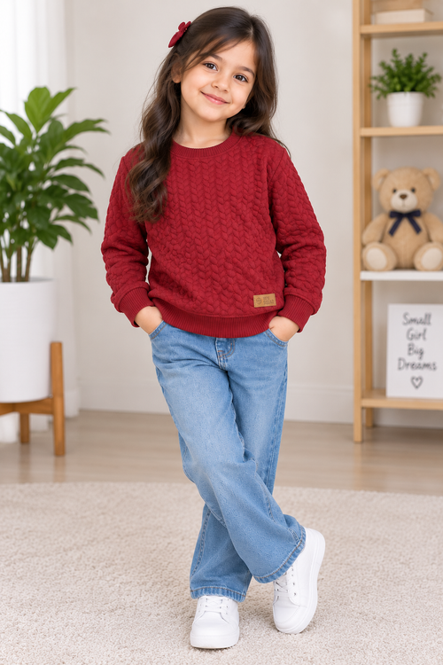 Girls Maroon Quilted Sweatshirt – Full Sleeve Crew Neck | Kids Winter Pullover