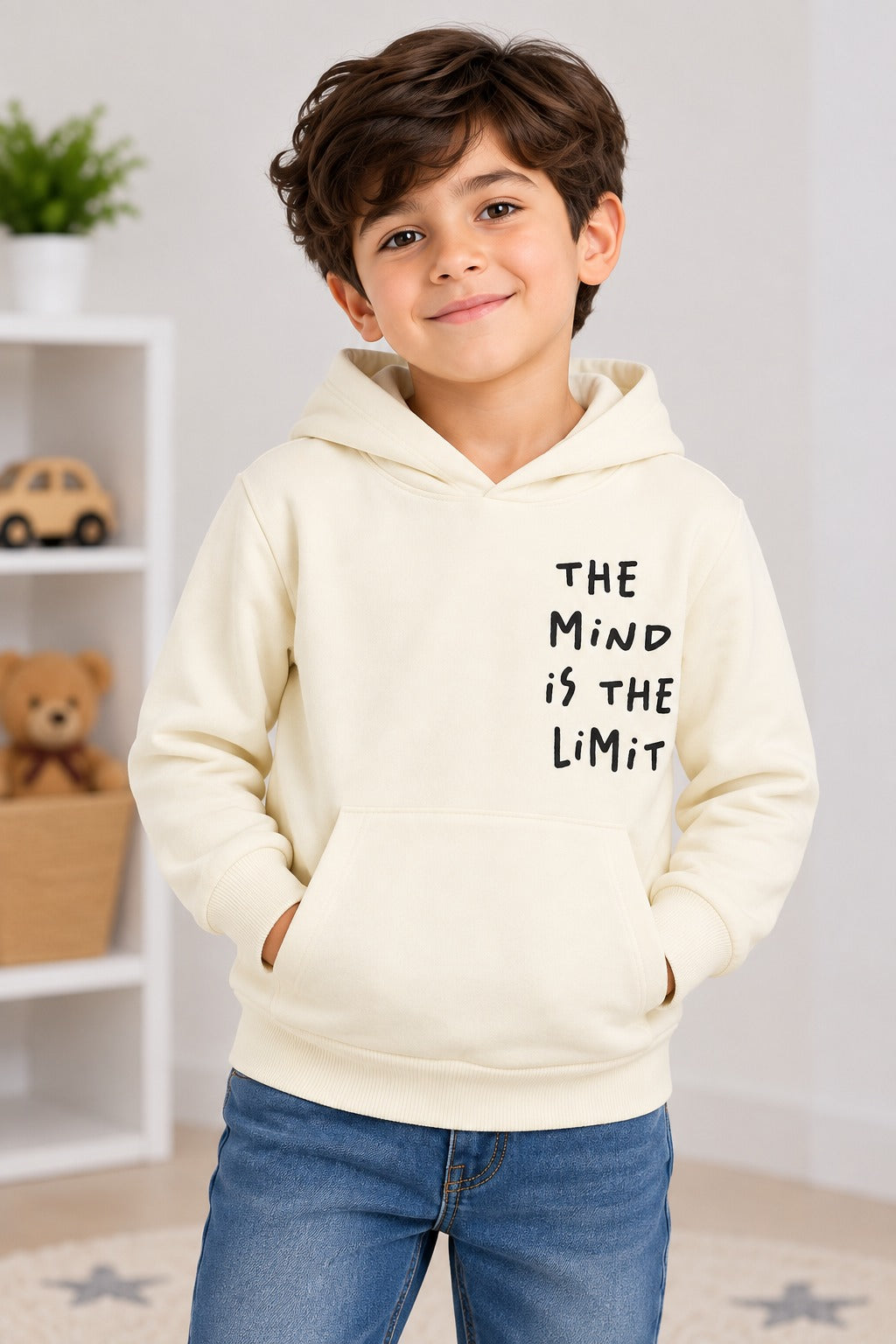 Kids Cream Printed Hoodie – “The Mind Is the Limit” | Boys Casual Pullover Sweatshirt
