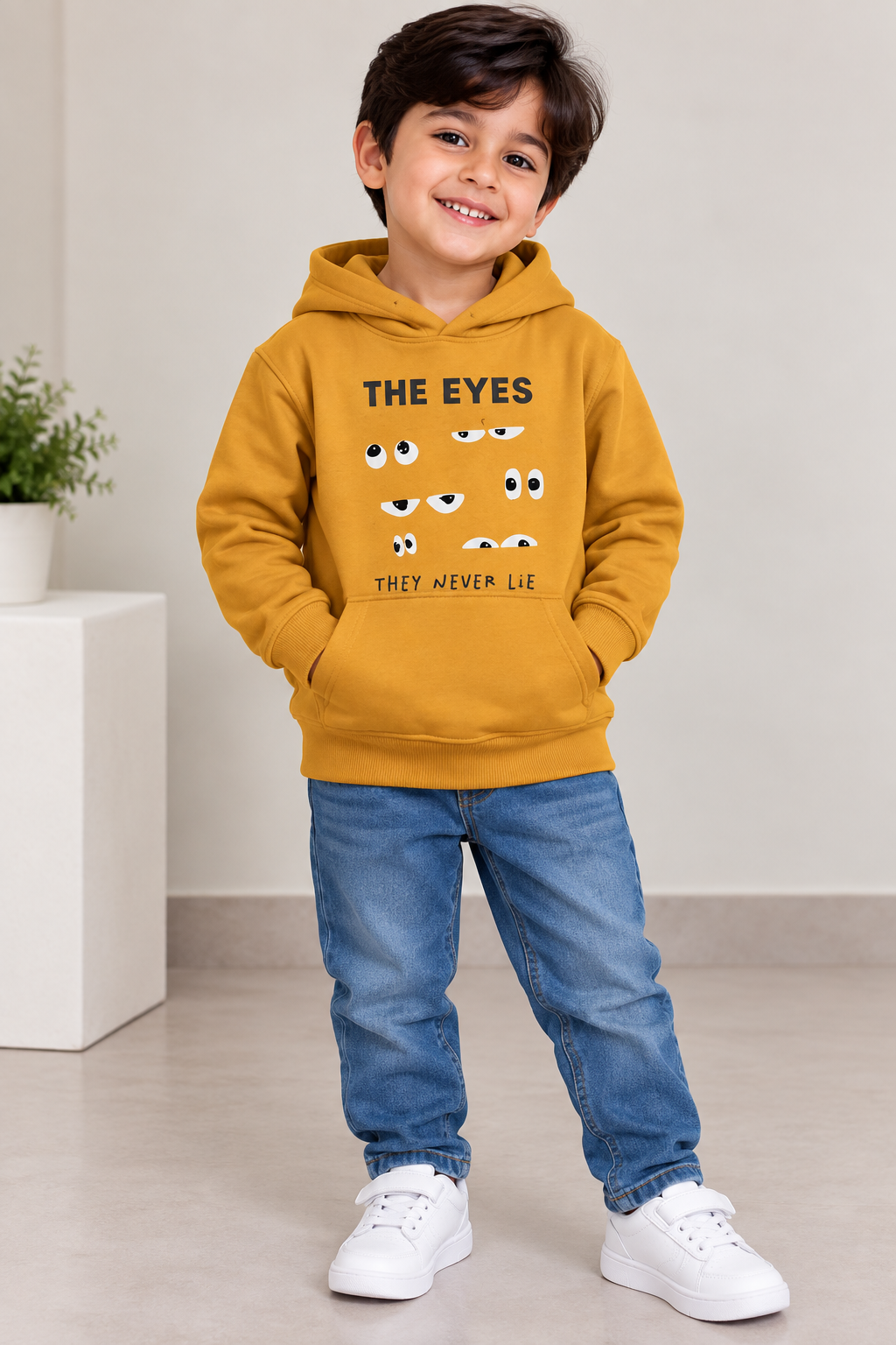 Kids Mustard Yellow Printed Hoodie – The Eyes They Never Lie | Boys Casual Pullover