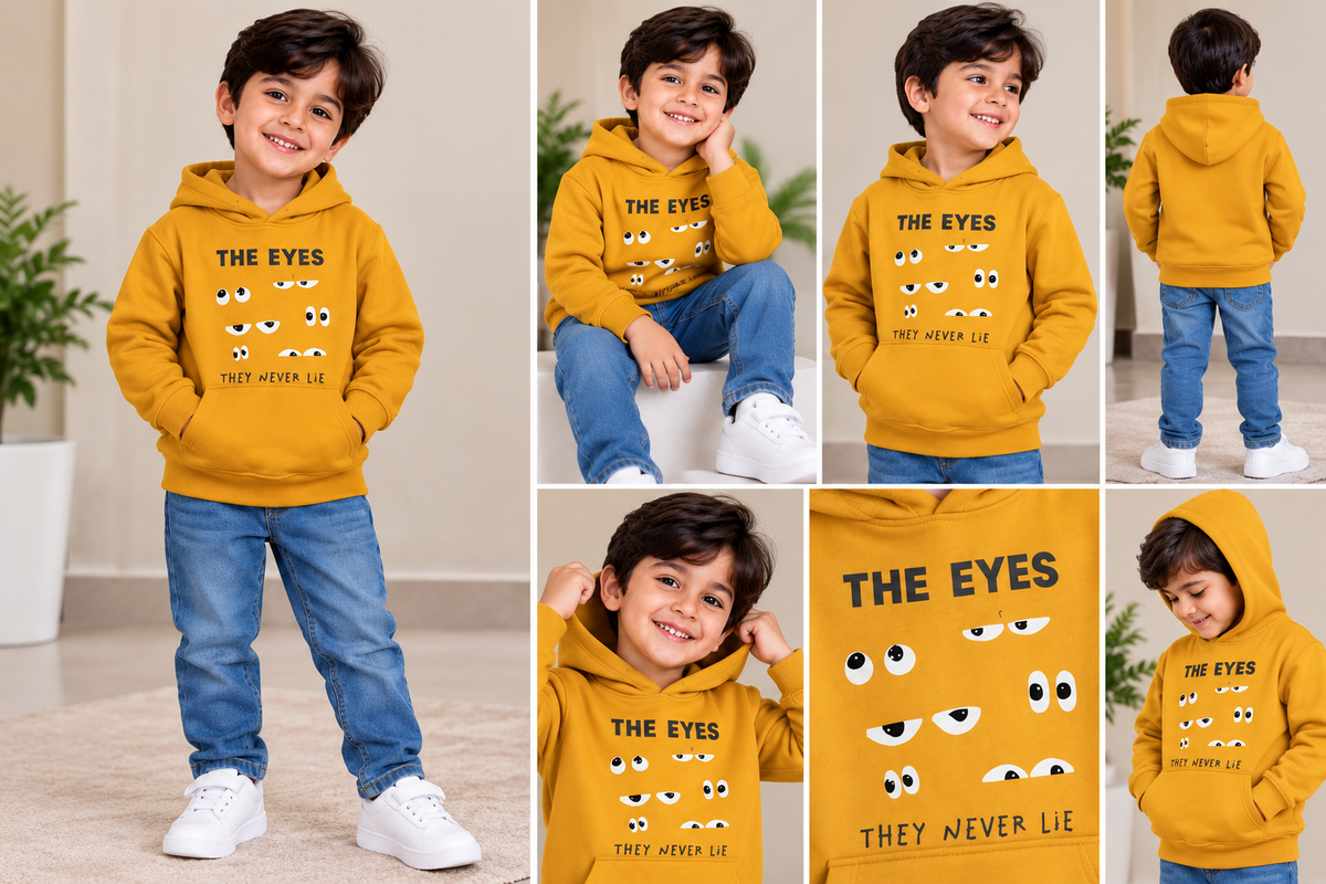 Kids Mustard Yellow Printed Hoodie – The Eyes They Never Lie | Boys Casual Pullover