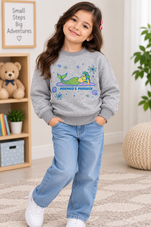 Girls Grey Printed Sweatshirt – Mermaid’s Paradise | Kids Crew Neck Pullover