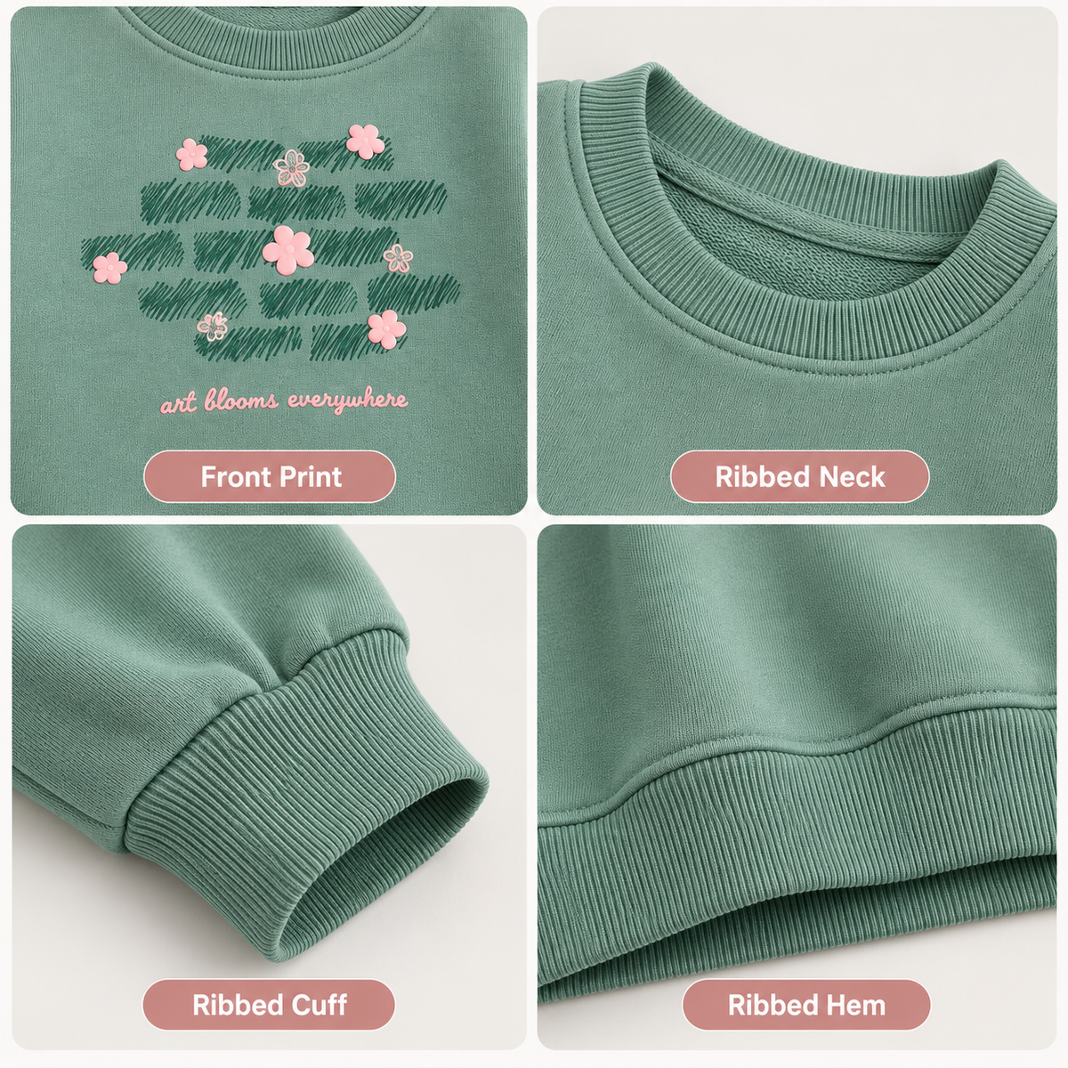 Girls Sage Green Printed Sweatshirt – Art Blooms Everywhere | Kids Crew Neck Pullover