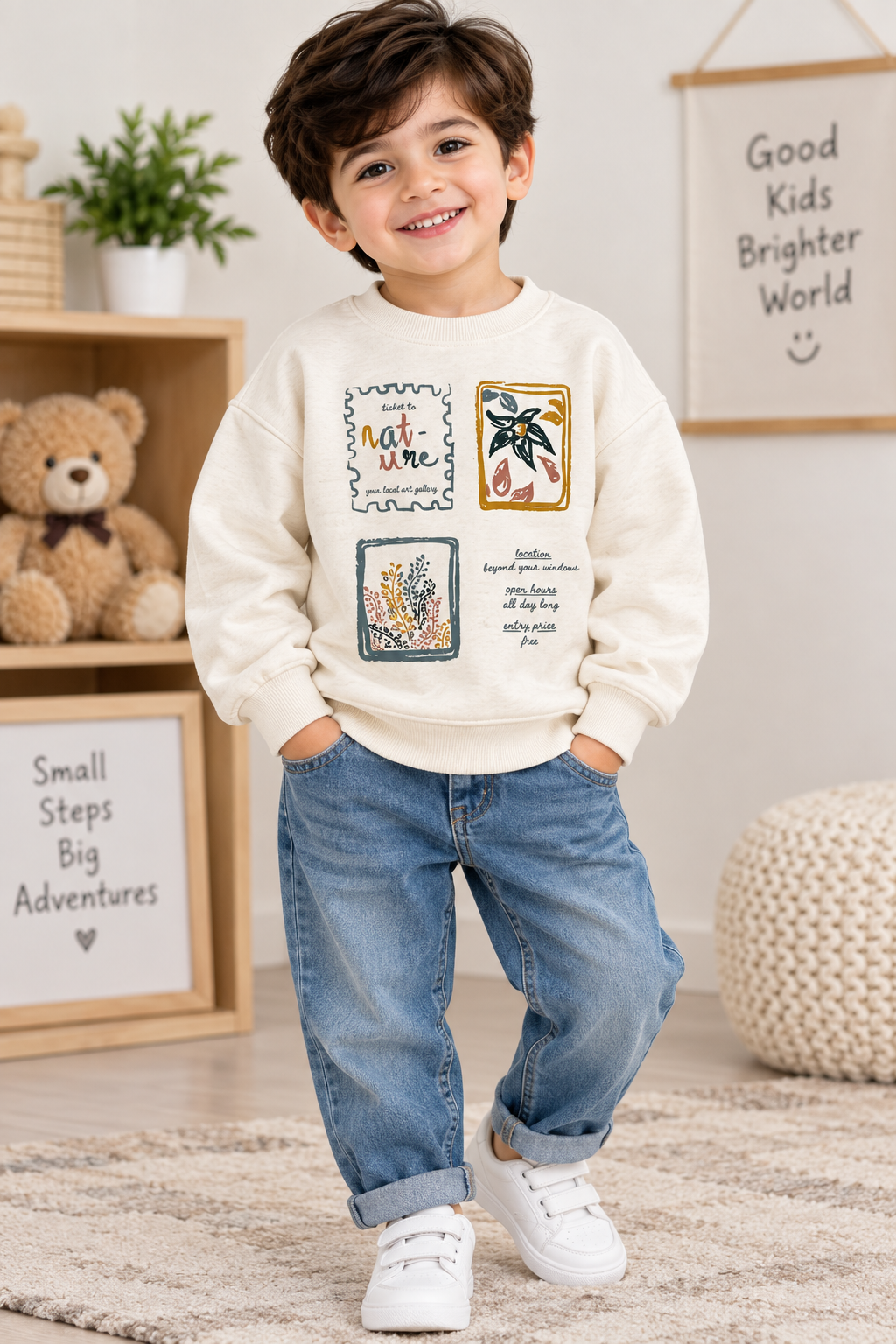 Boys Cream Graphic Sweatshirt – Nature Art Print | Kids Crew Neck Pullover