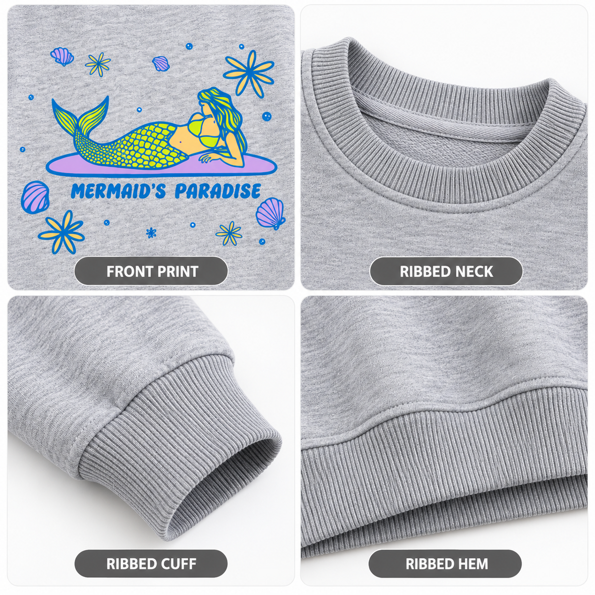 Girls Grey Printed Sweatshirt – Mermaid’s Paradise | Kids Crew Neck Pullover