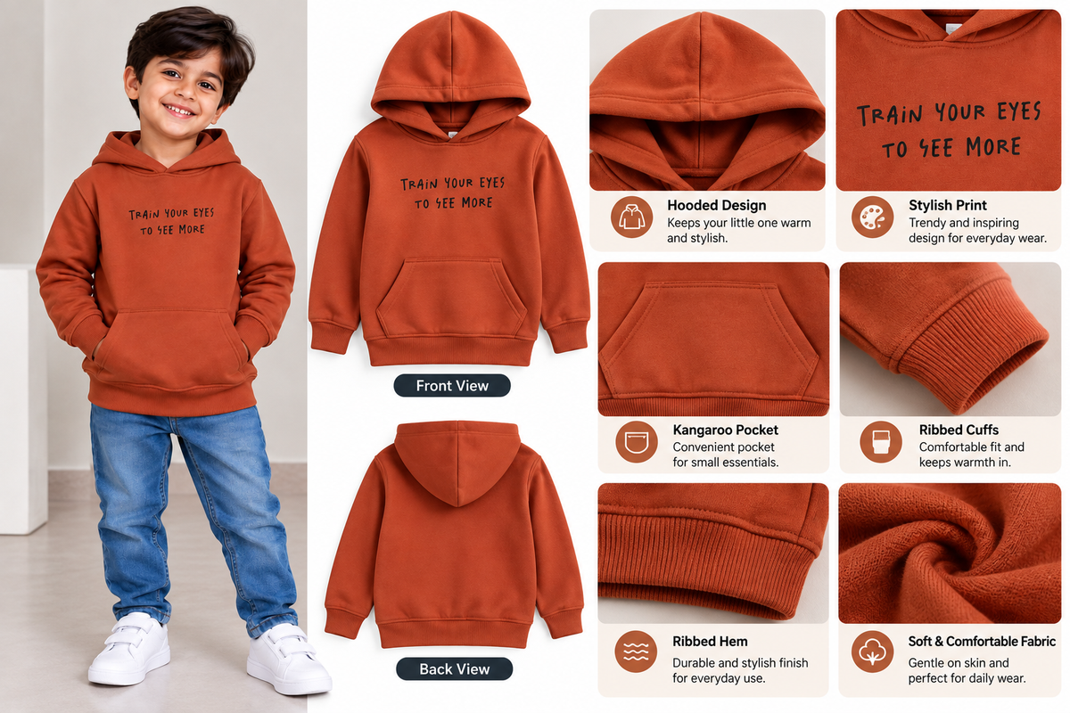 Kids Rust Orange Printed Hoodie – “Train Your Eyes to See More” | Boys Casual Pullover Sweatshirt