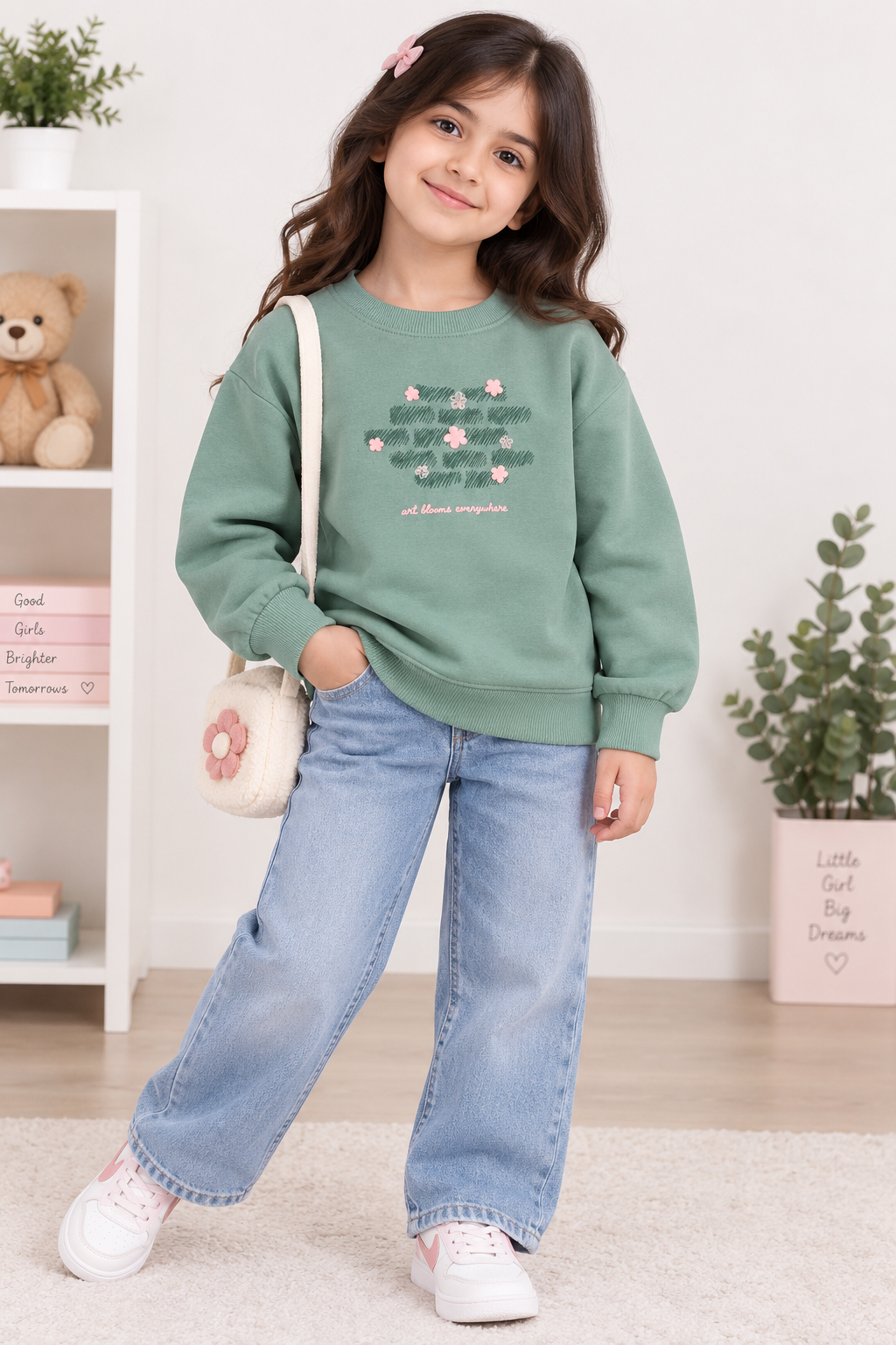Girls Sage Green Printed Sweatshirt – Art Blooms Everywhere | Kids Crew Neck Pullover