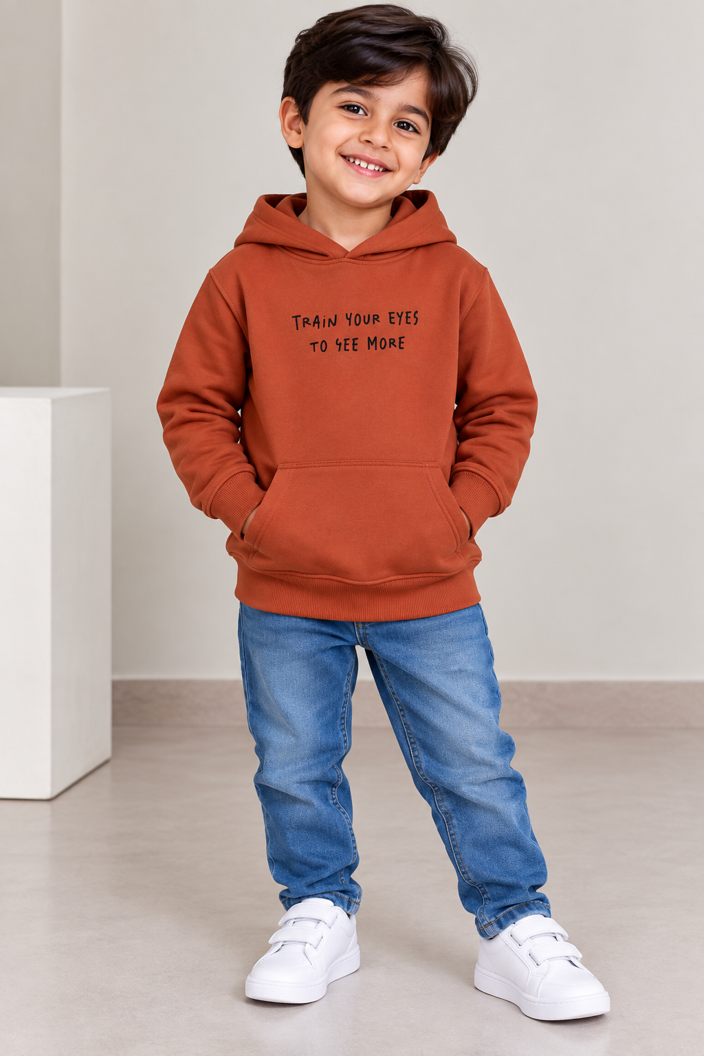 Kids Rust Orange Printed Hoodie – “Train Your Eyes to See More” | Boys Casual Pullover Sweatshirt